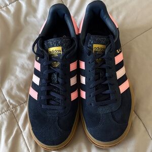 adidas Navy Suede Sneakers with Pink Stripes and Gold Logo
